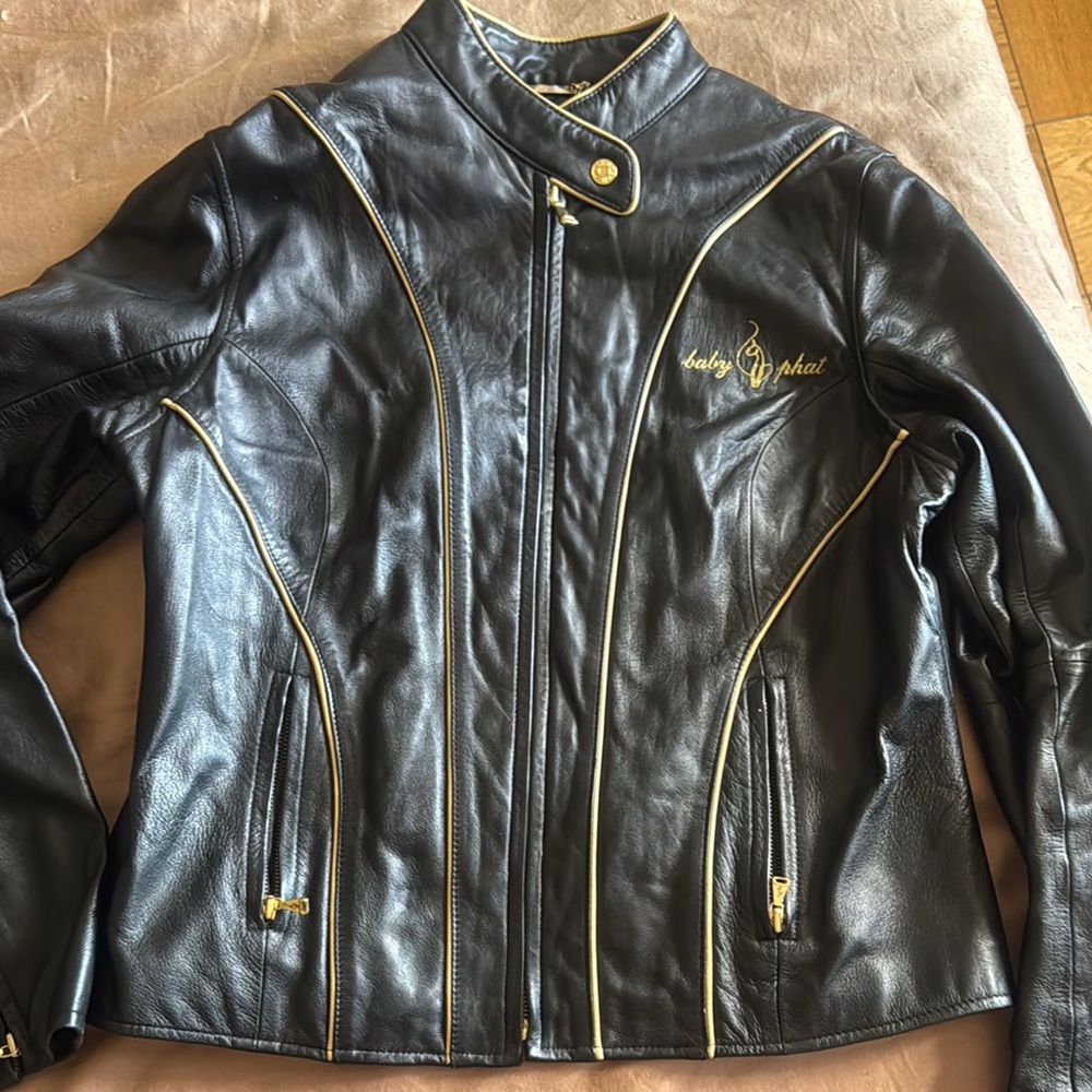 Baby Phat Black Leather Jacket with Gold Accents